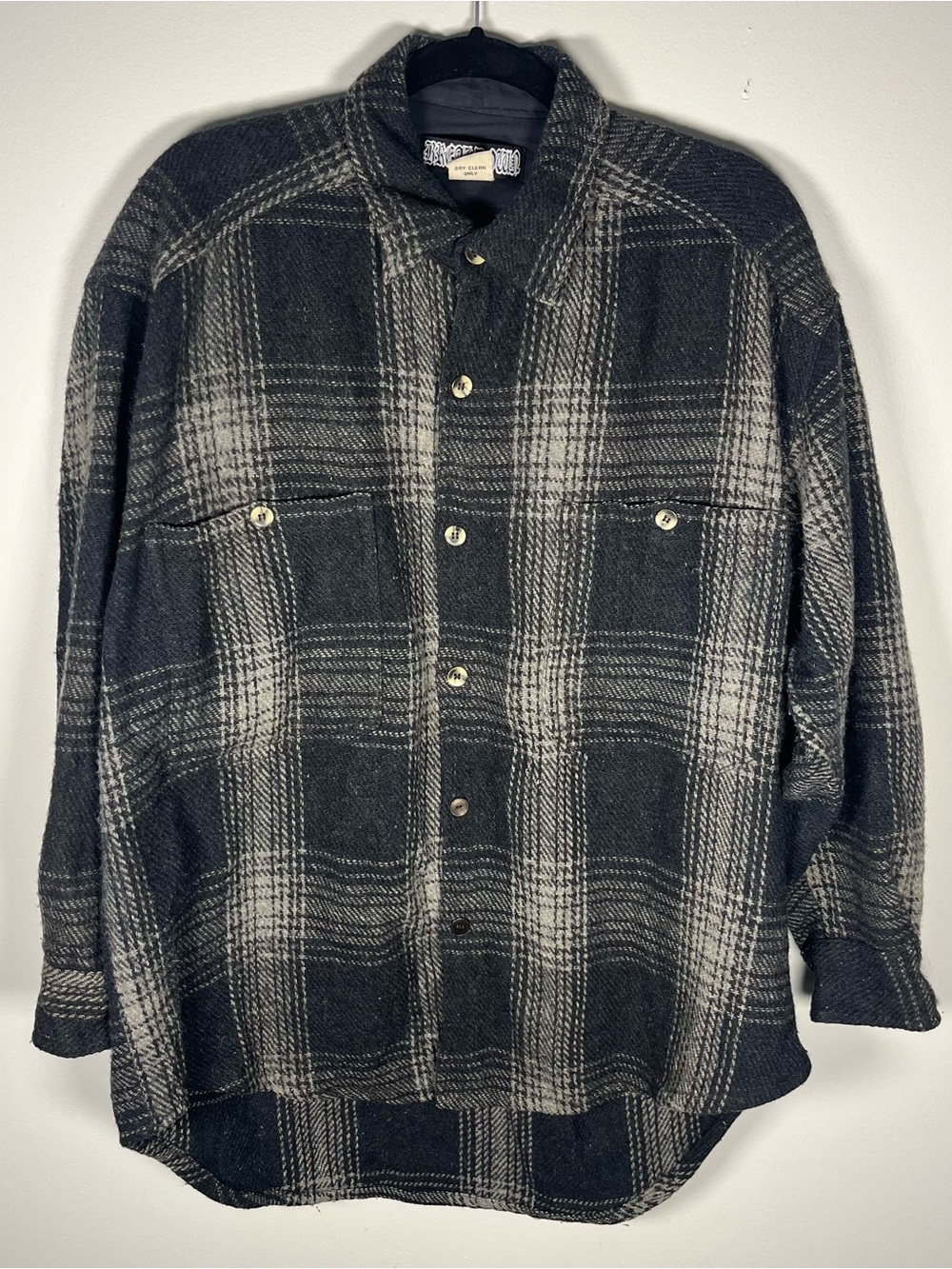 Breakdown Vintage 90s Y2K Plaid Wool Blend Button Up Gray Shirt